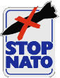 Image of a falling bomb silhouette with a red X on it that says STOP NATO